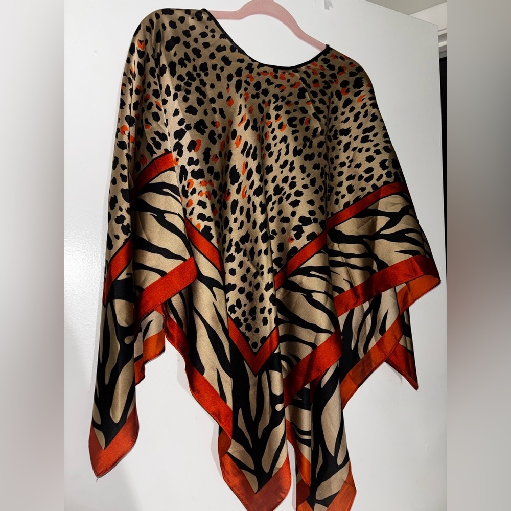 Animal Print Satin Scarf with Burnt Orange Trim